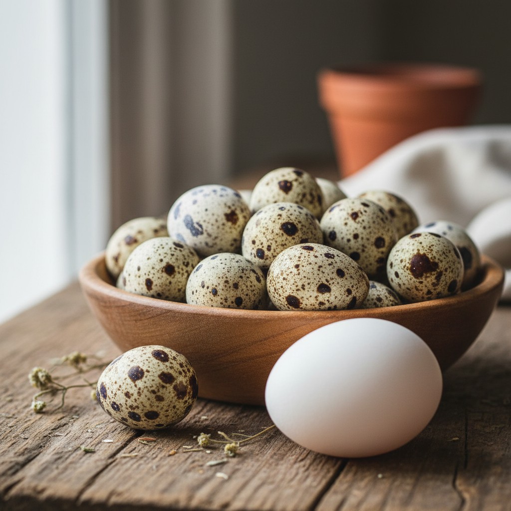 Speckled quail eggs next to a chicken egg for size comparison