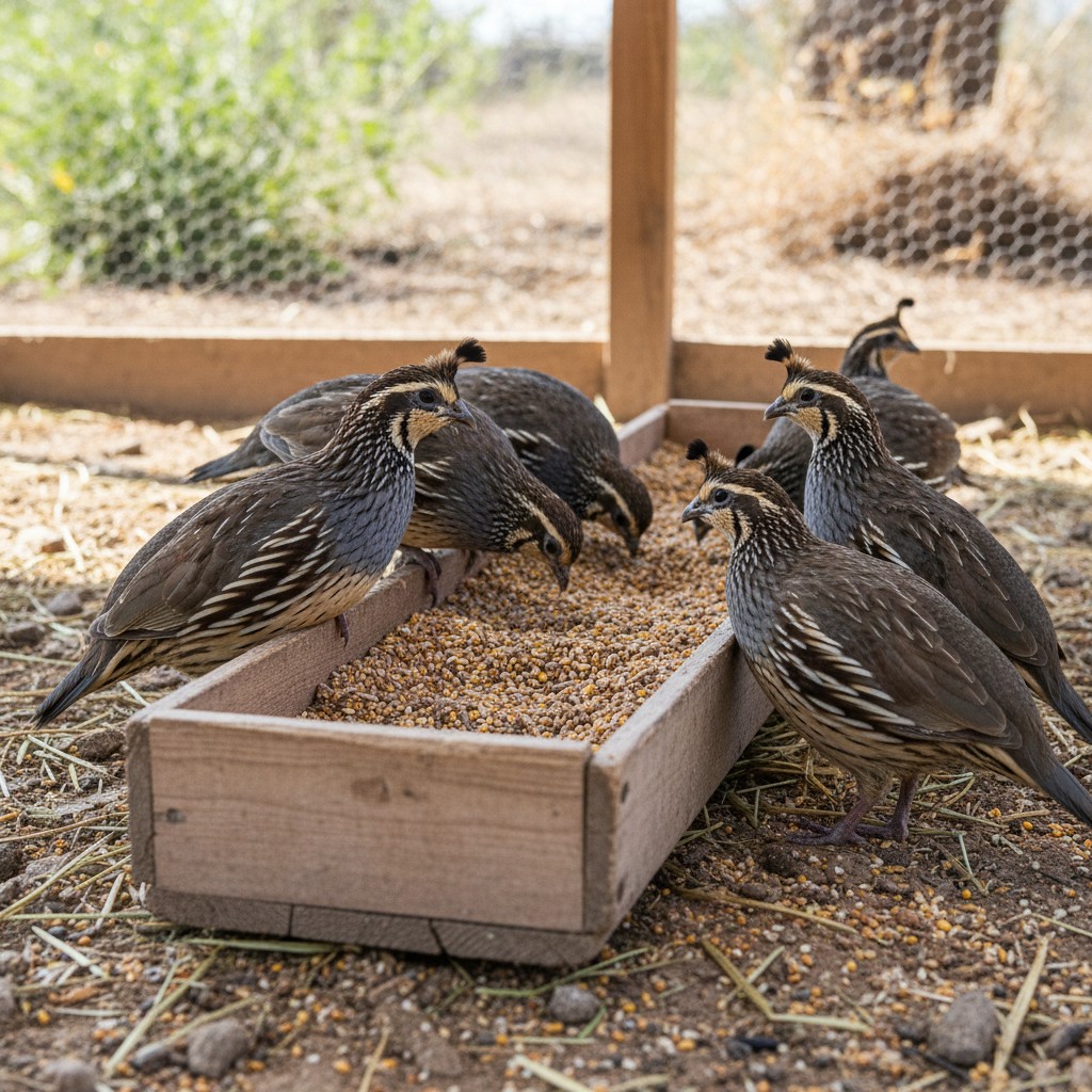 Quail eating from a trough feeder with game bird crumble