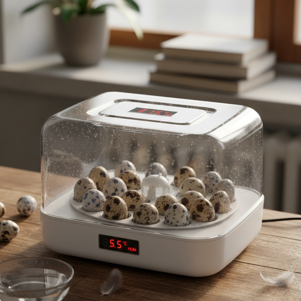 Quail eggs in a small tabletop incubator
