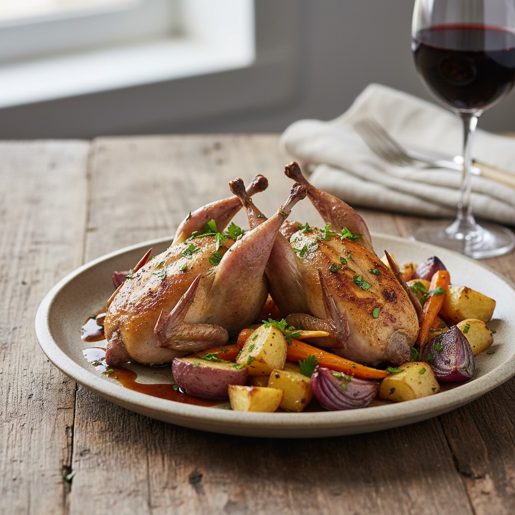 Pan-seared quail with herbs on a farmhouse table