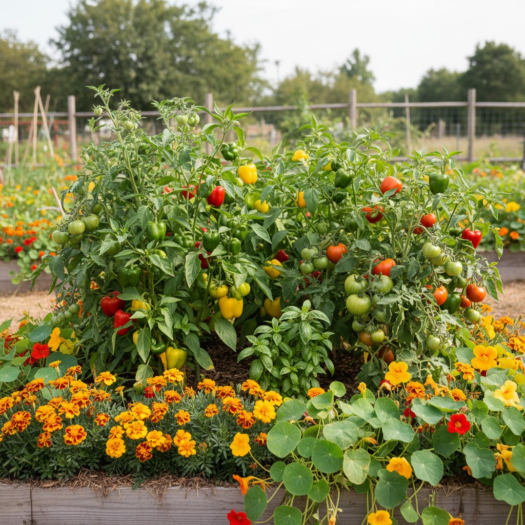 Companion planting with marigolds bordering tomatoes and basil between peppers