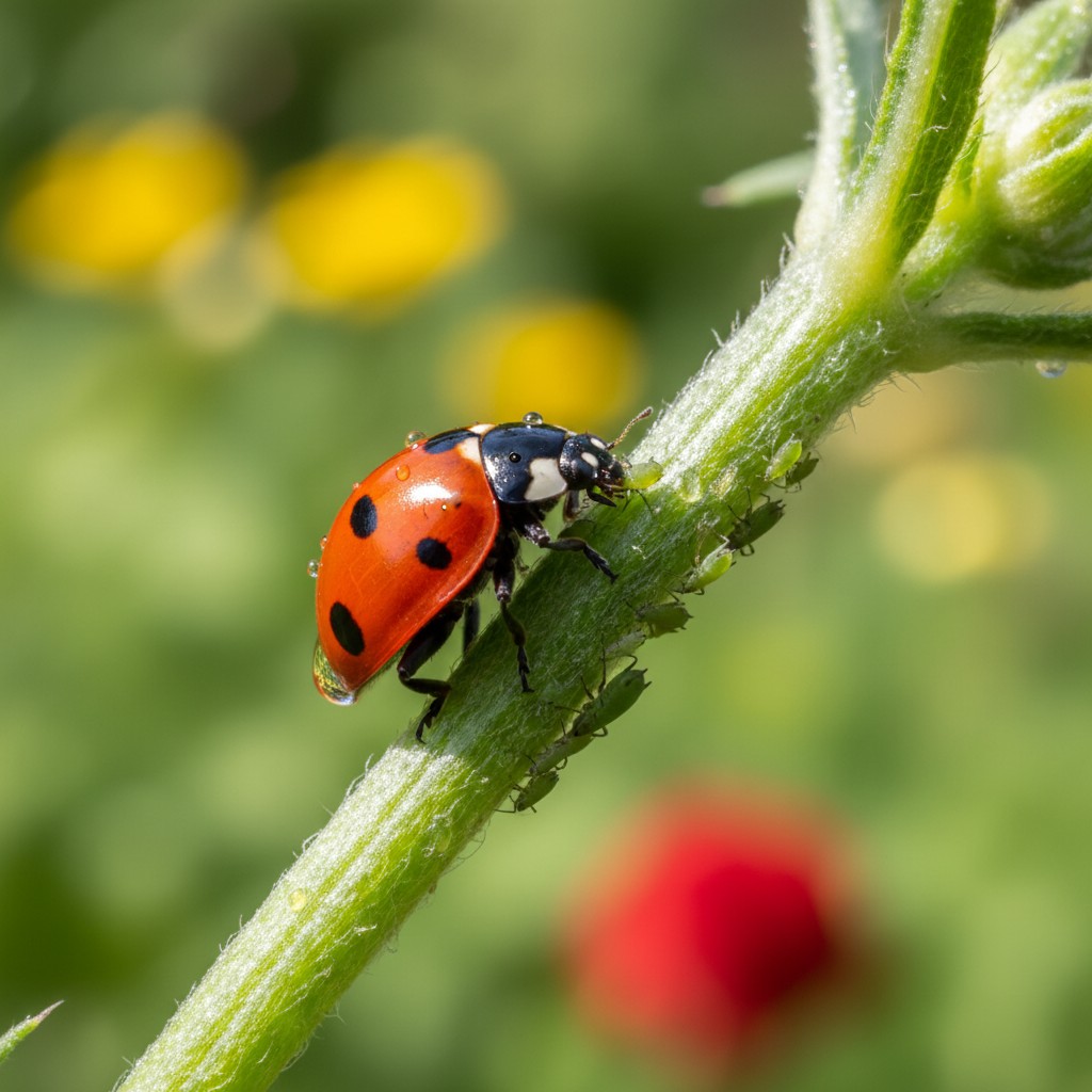 Ladybug eating aphids on a plant stem