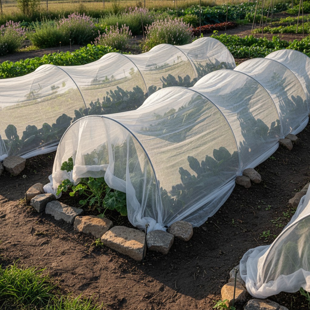 Floating row covers on wire hoops protecting garden crops