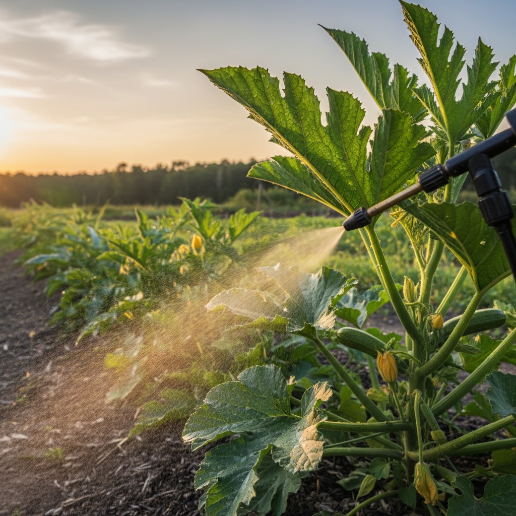 Neem oil being sprayed on underside of plant leaves in evening