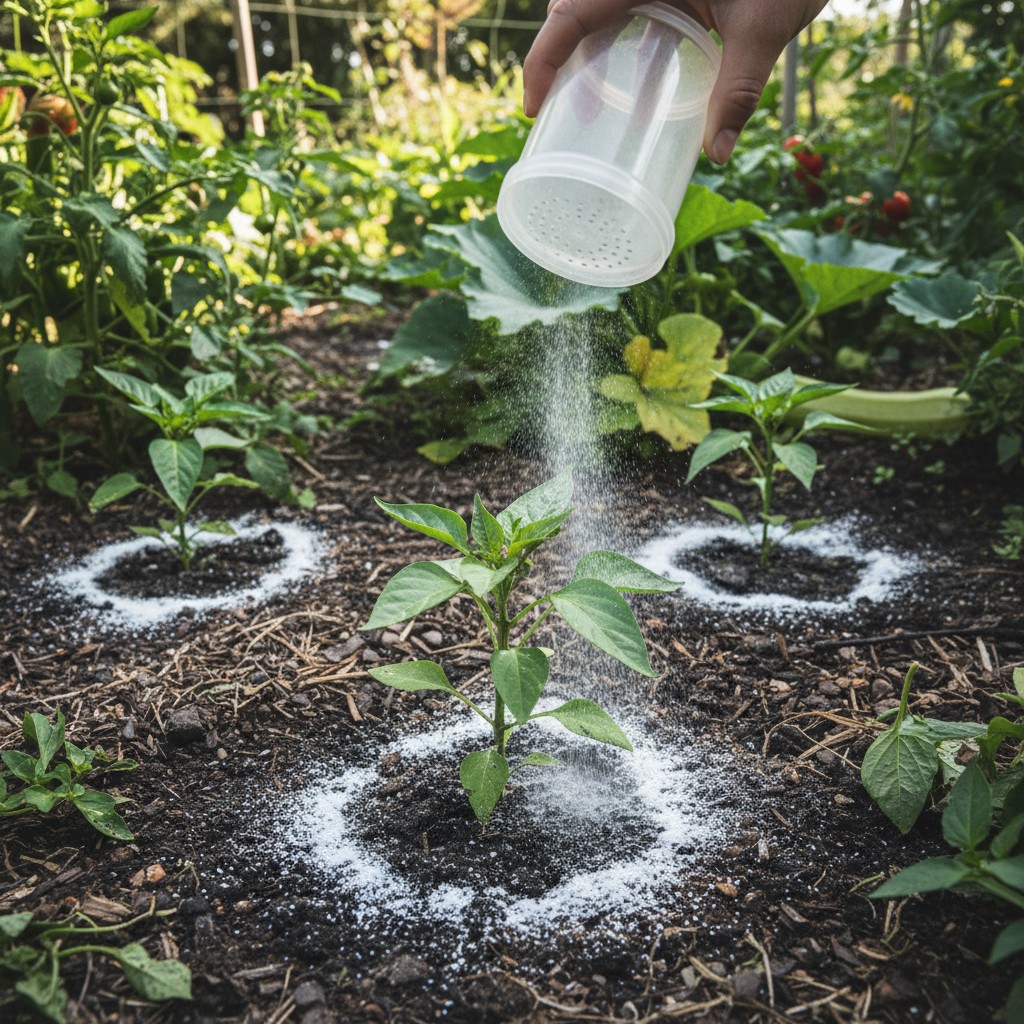 Food-grade DE being dusted around base of garden plants