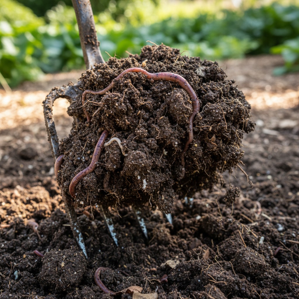 Rich dark soil with earthworms showing healthy soil structure