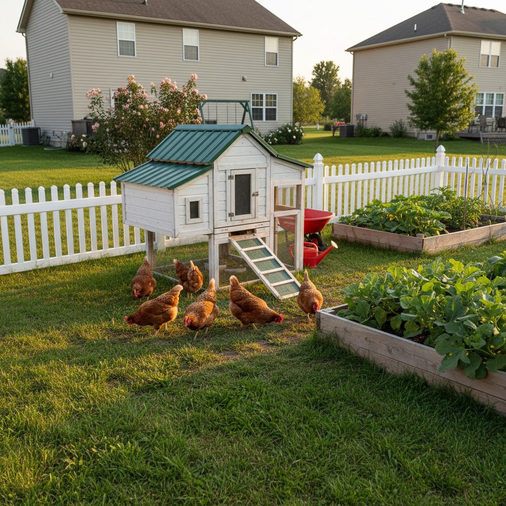 Small flock of hens in a suburban backyard near a coop