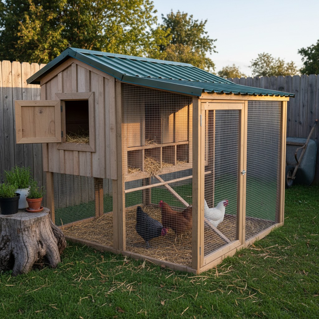 Well-designed small chicken coop with nesting boxes and run
