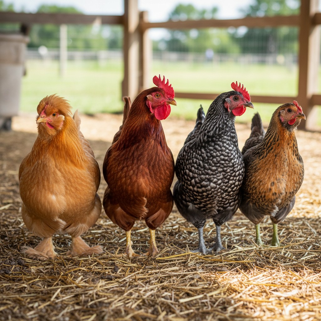 Four beginner chicken breeds: Orpington, Rhode Island Red, Barred Rock, Easter Egger