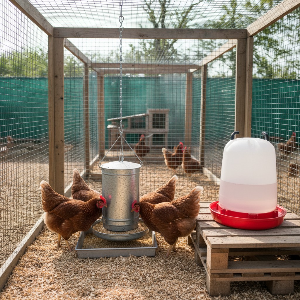 Hanging feeder and waterer in a chicken run