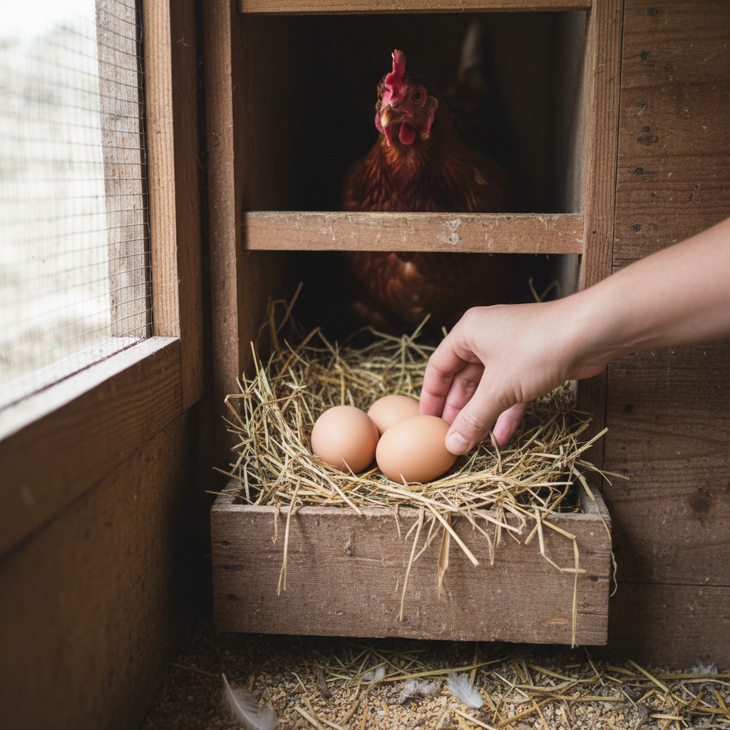 Hand reaching into nesting box to collect fresh eggs