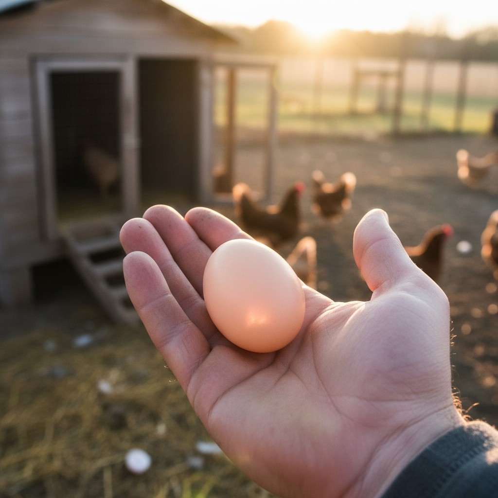 Single fresh egg held in a palm with coop in background