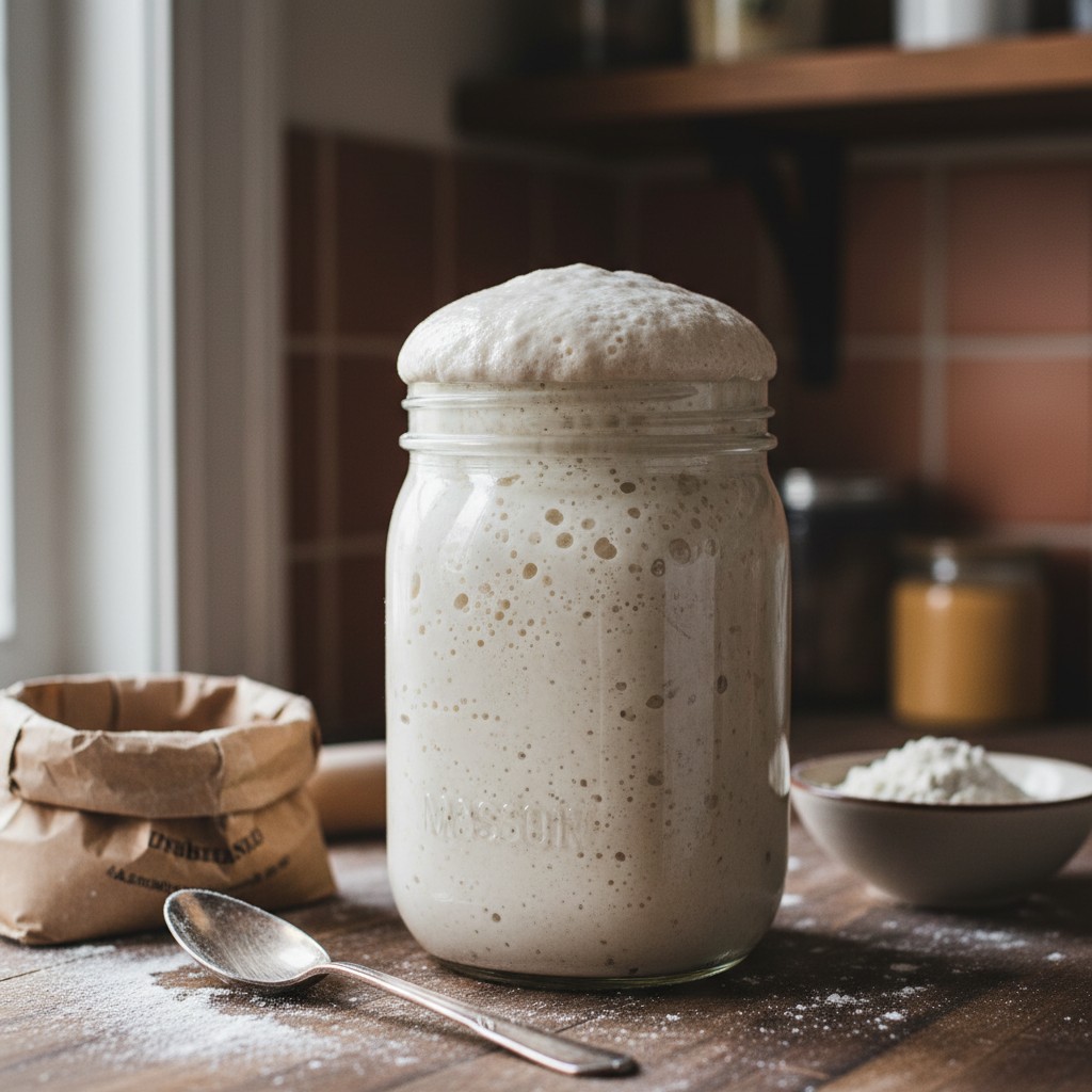 Active bubbly sourdough starter at peak rise in a glass jar