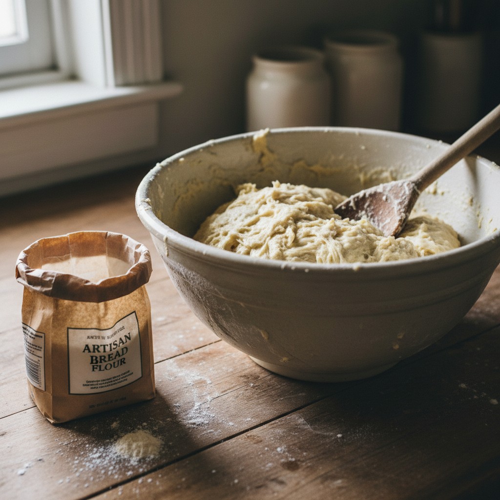 Sourdough dough being mixed in a bowl, shaggy texture