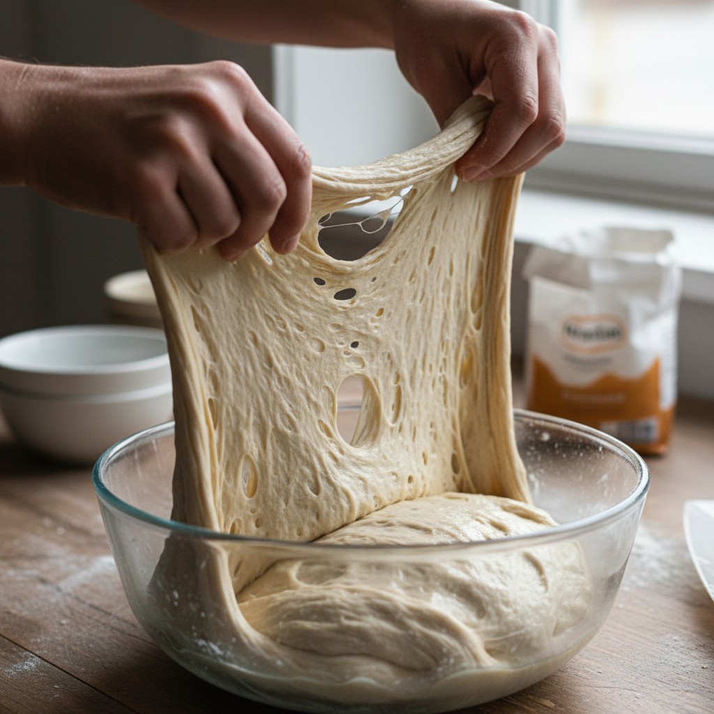 Hands performing stretch and fold on sourdough dough