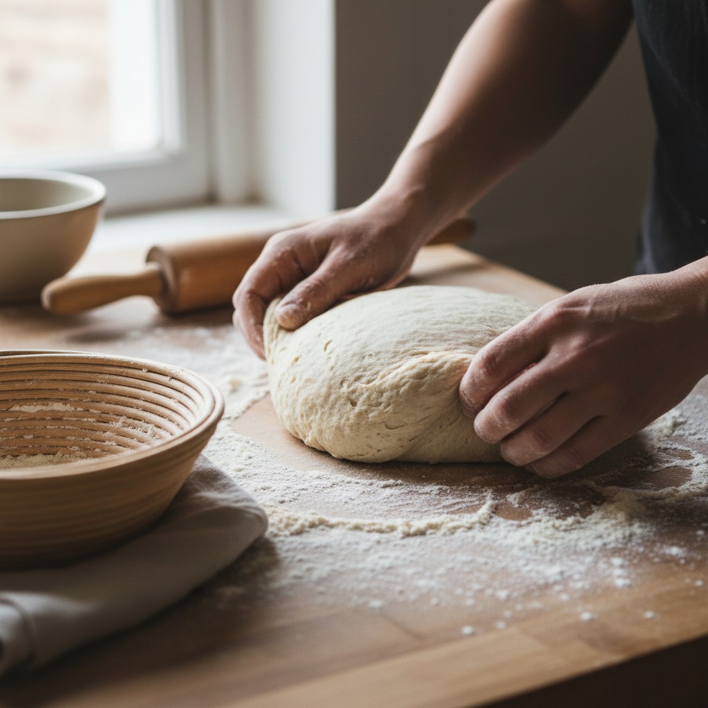 Sourdough boule being shaped with surface tension