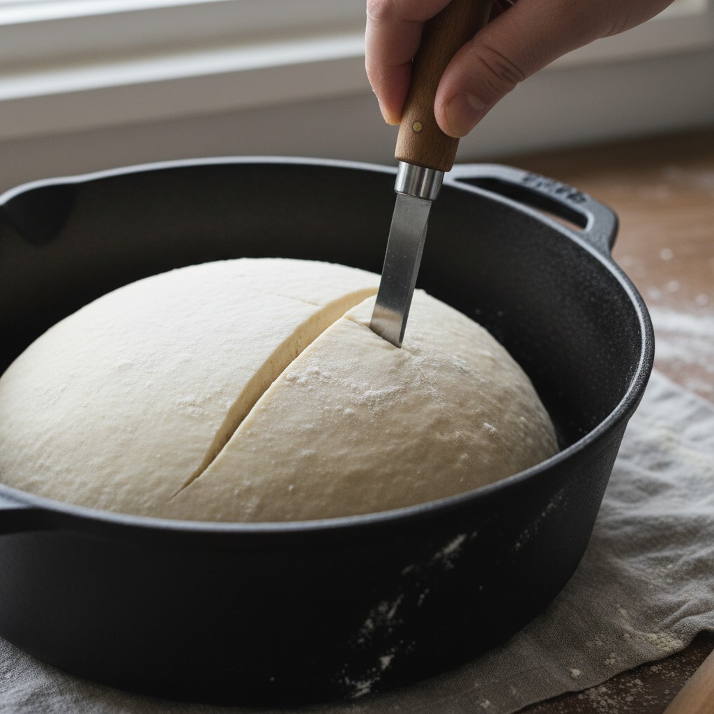 Proofed sourdough being scored with a bread lame in a Dutch oven