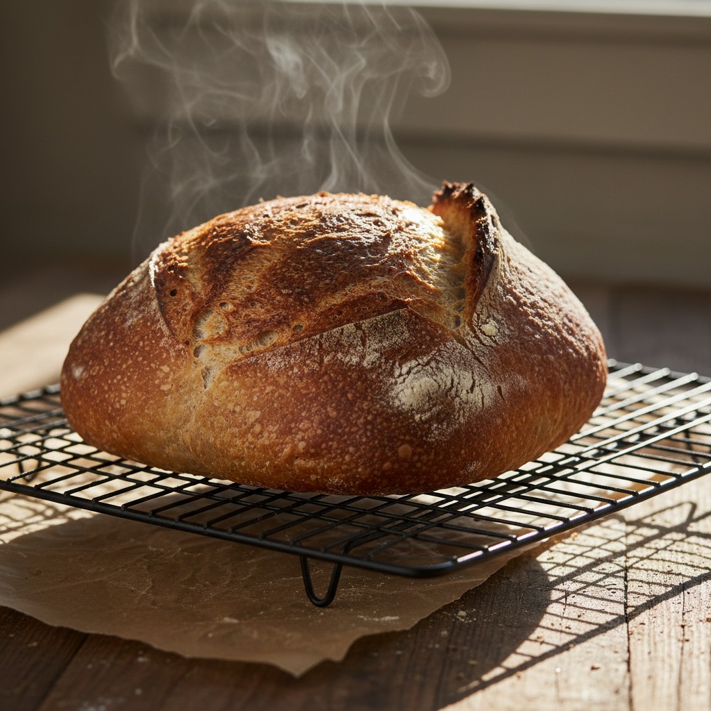 Perfect golden sourdough loaf with dramatic ear on a cooling rack