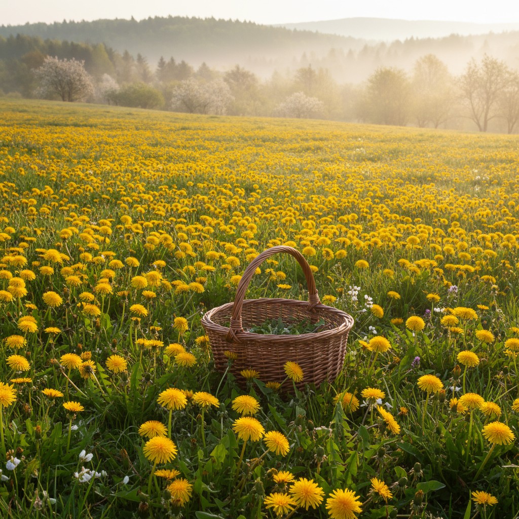 Meadow of bright yellow dandelions with a foraging basket