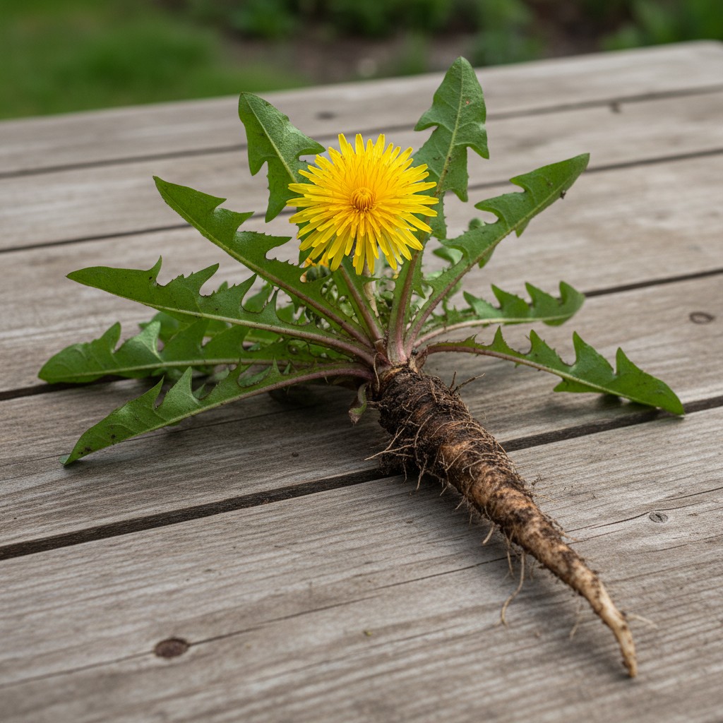 Dandelion showing all edible parts: leaves, flower, root