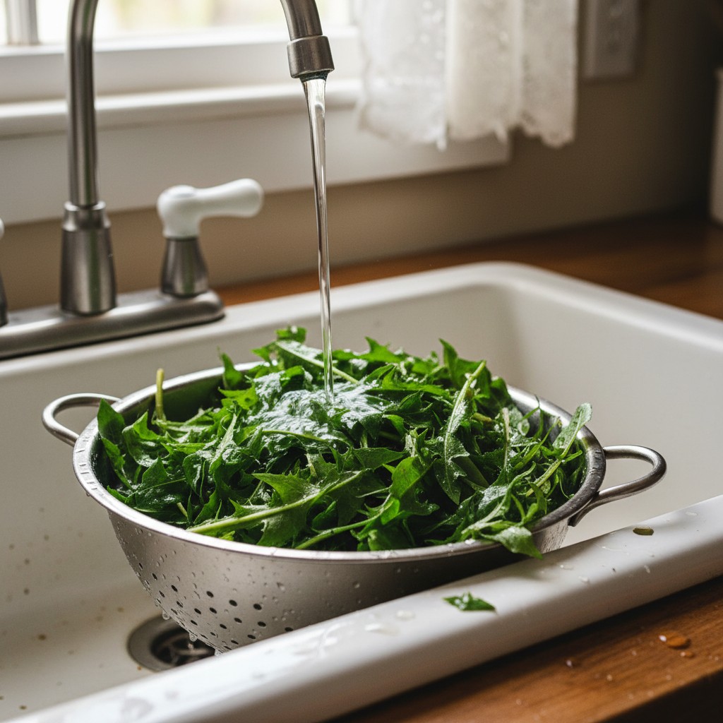 Fresh dandelion greens being washed in a colander