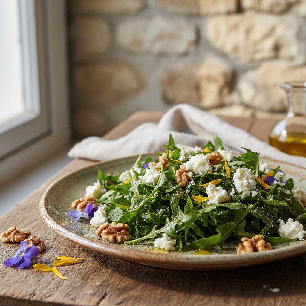Dandelion green salad with goat cheese and walnuts