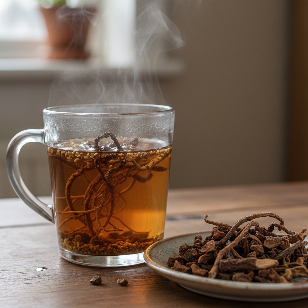 Amber dandelion root tea in a glass mug with dried roots