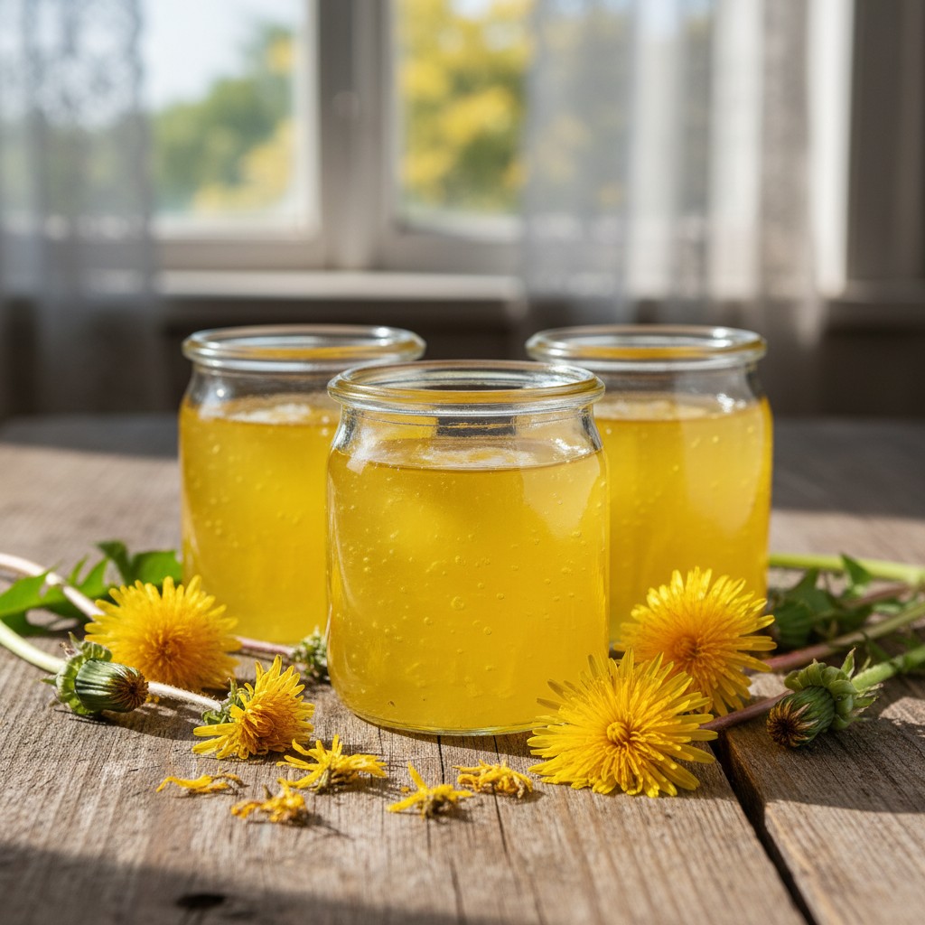 Golden dandelion flower jelly in small jars
