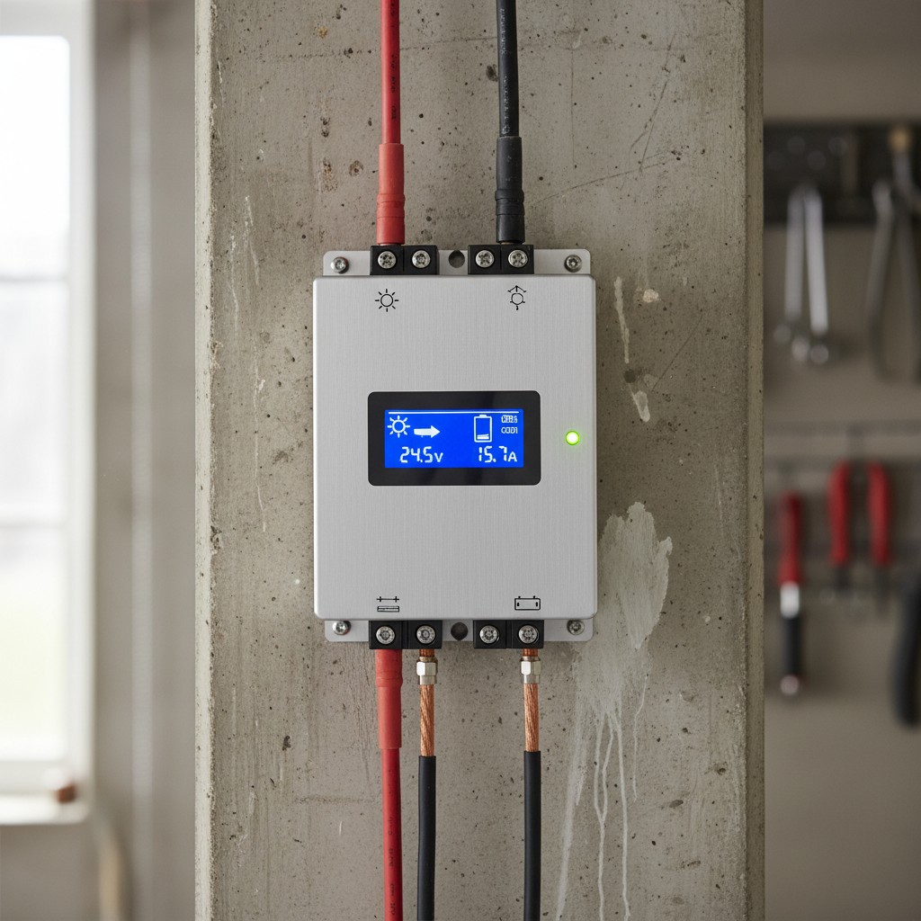 MPPT charge controller mounted on wall with wiring