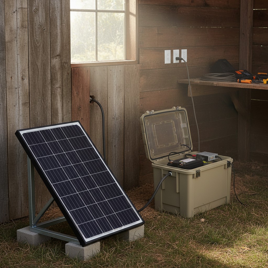 Small starter solar setup with one panel and battery in a shed