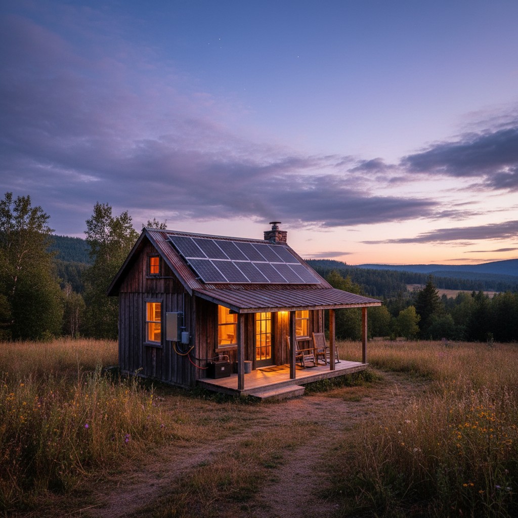 Off-grid cabin at dusk with lights powered by rooftop solar