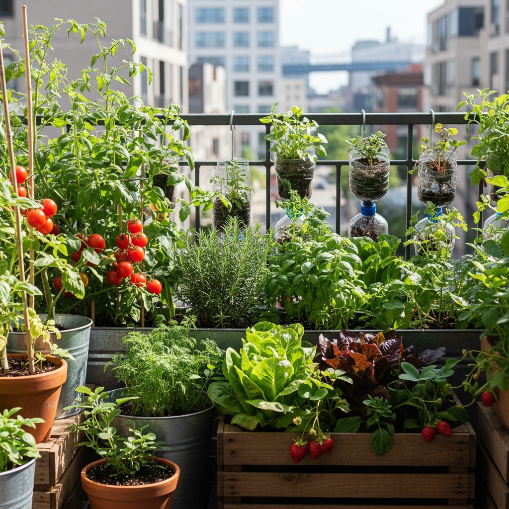 Apartment balcony converted to productive container garden