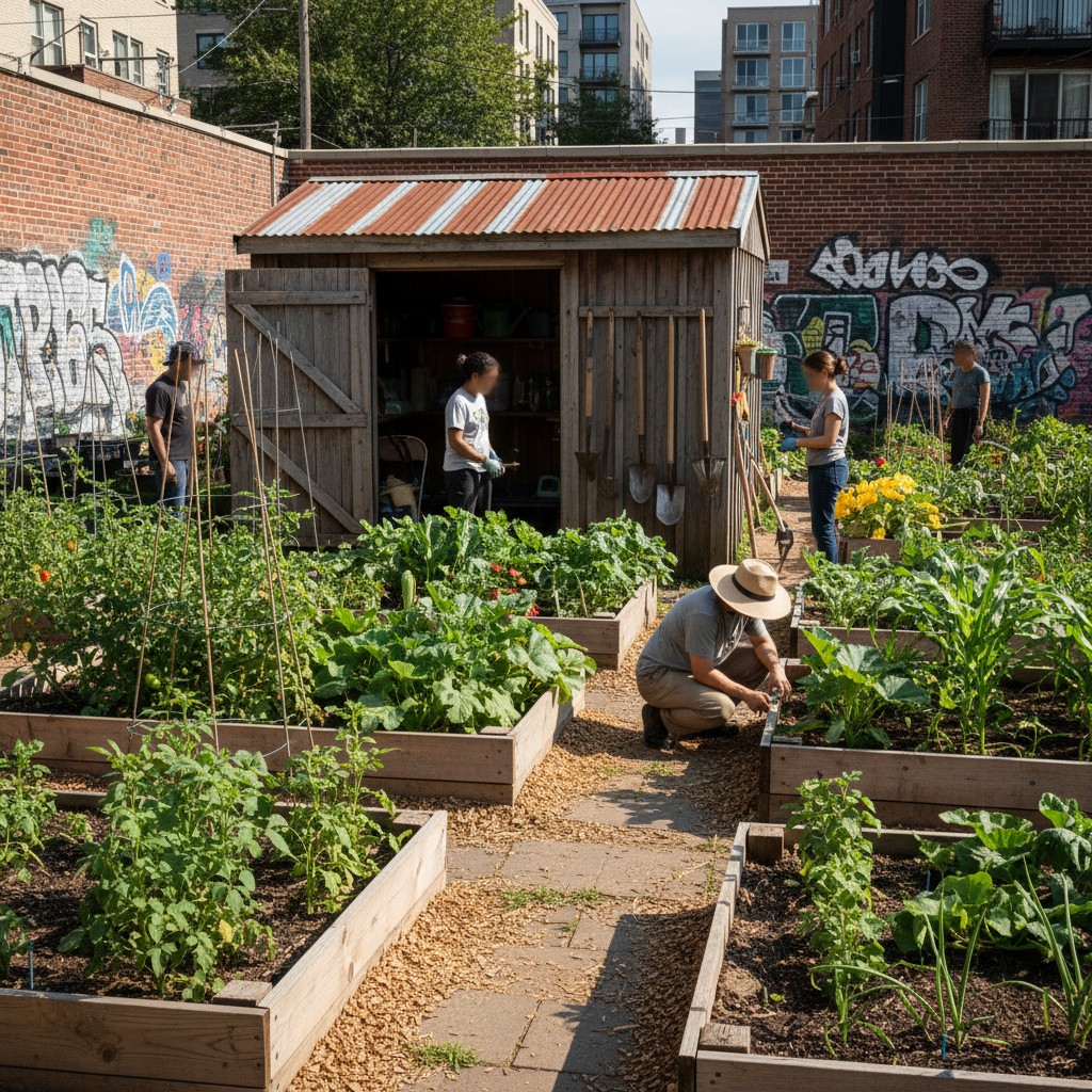 Community garden plot with raised beds and vegetables