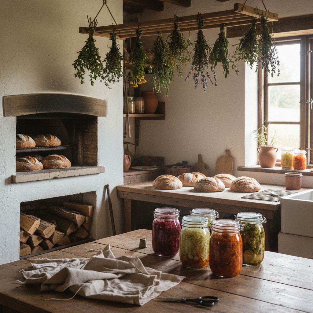Kitchen with bread baking, fermented vegetables, herbs drying
