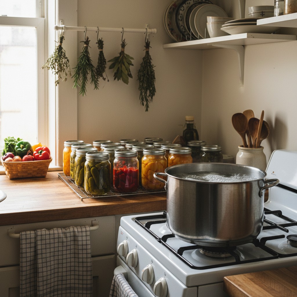 Small apartment kitchen with canning and preserving setup