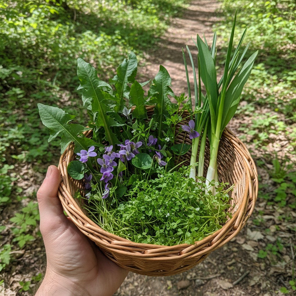 Basket of foraged wild edibles on a nature trail