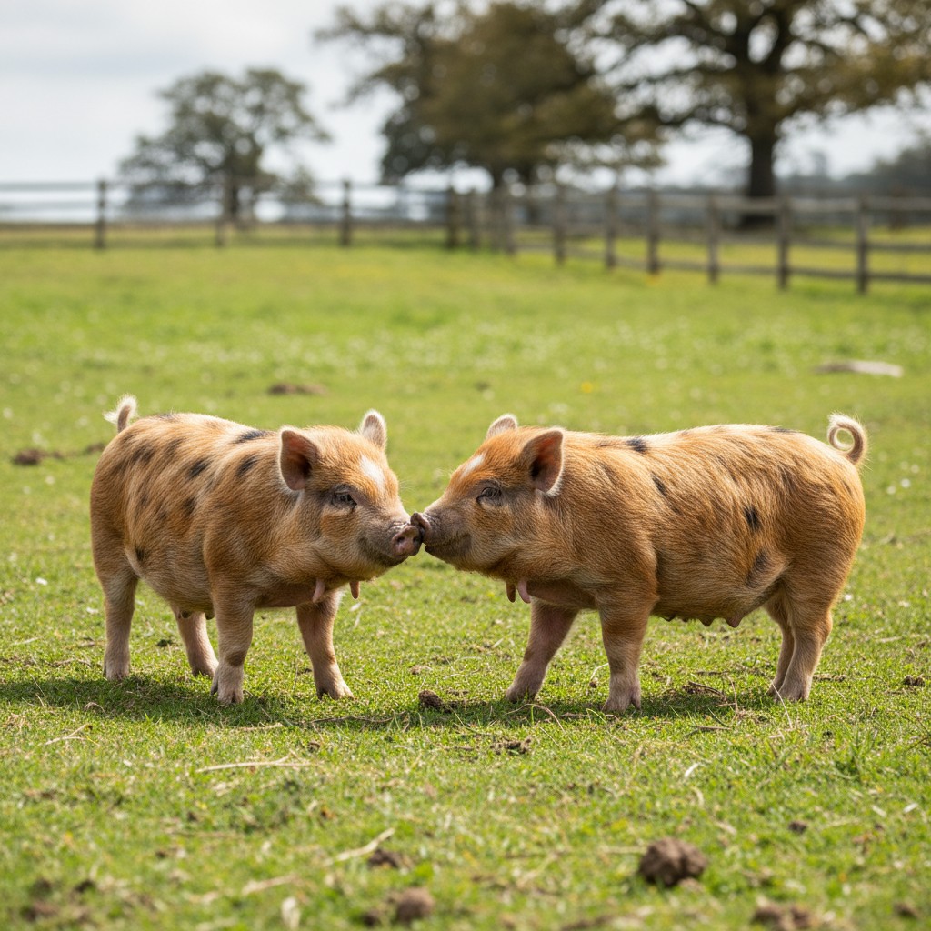 Two Kunekune piglets in a grassy paddock