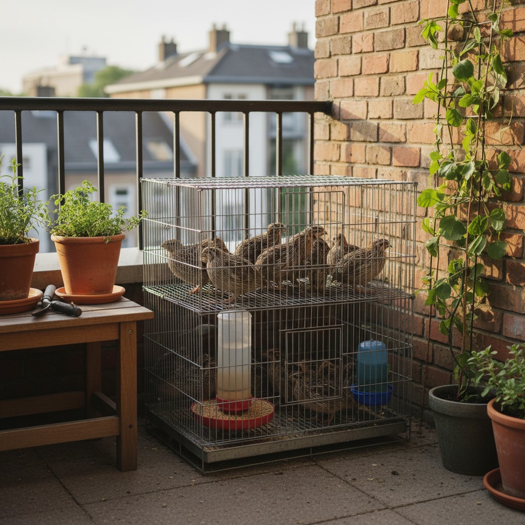 Compact quail cage on a patio for urban micro-livestock