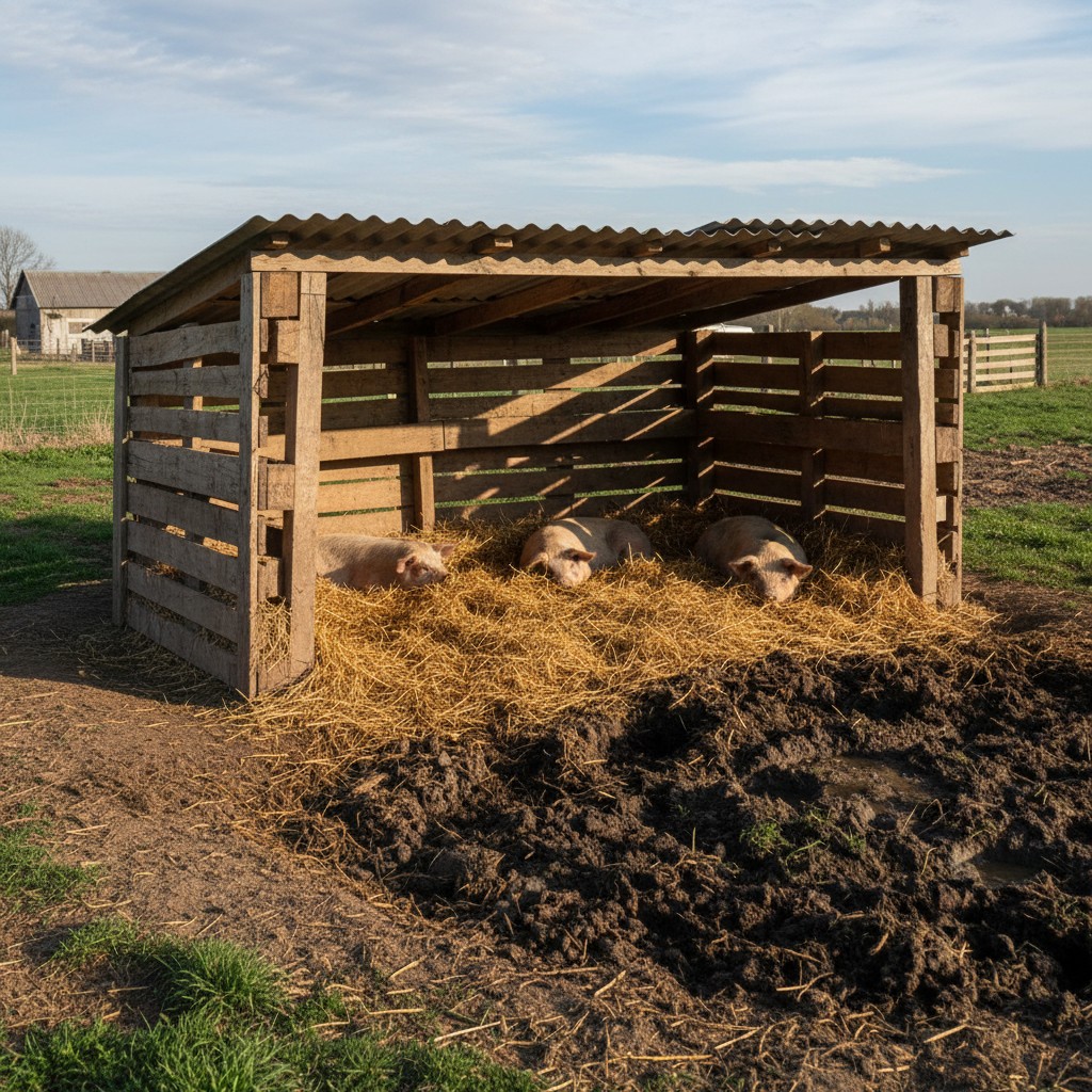 Simple three-sided pig shelter with straw bedding