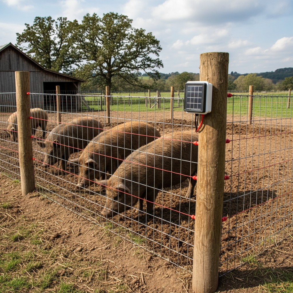 Electric fence pig paddock with solar charger