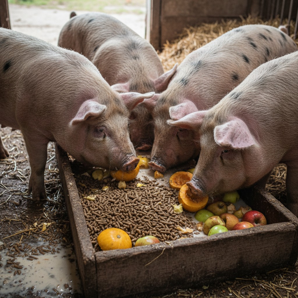 Pig feeding trough with feed and garden scraps