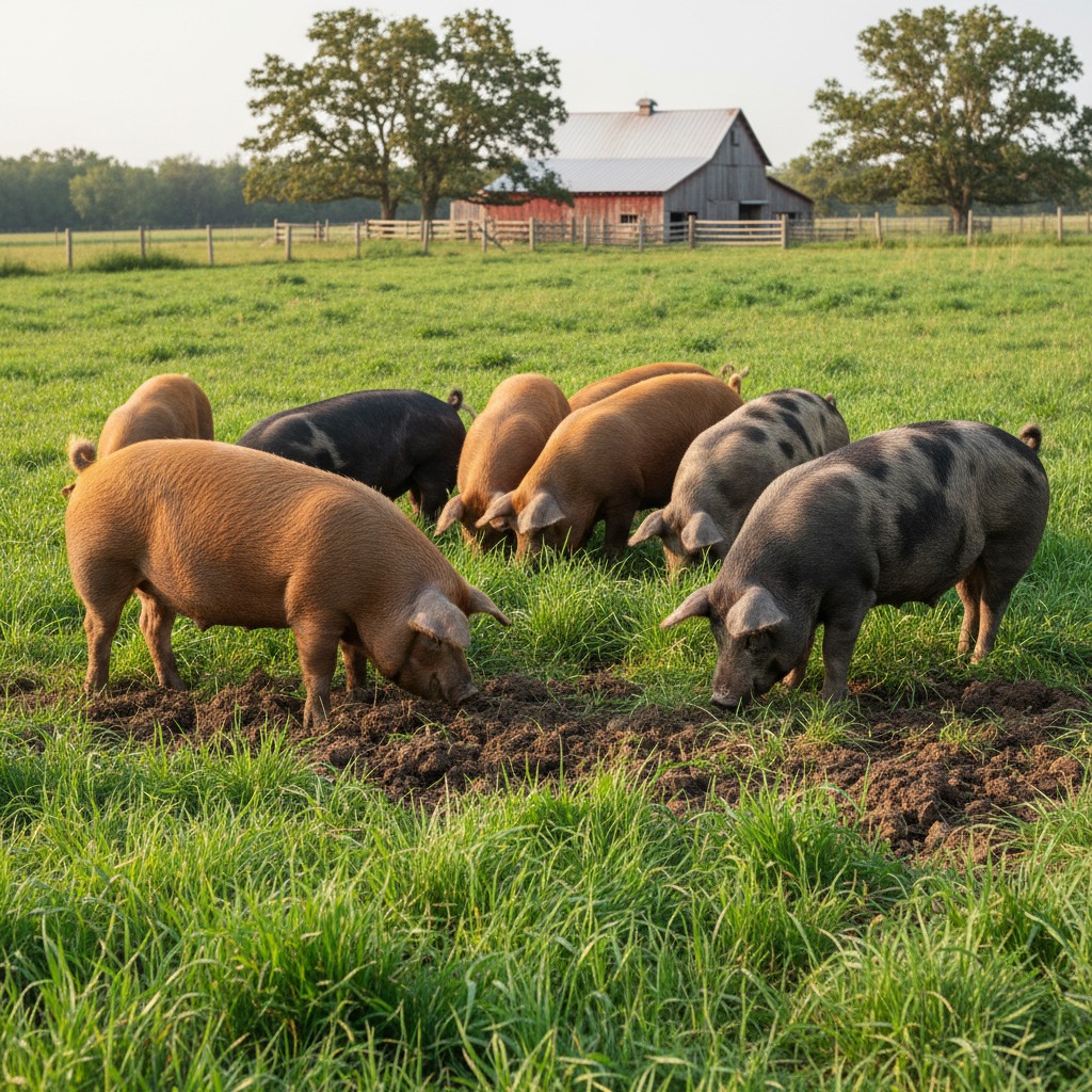 Heritage pigs rooting in rotational pasture paddock