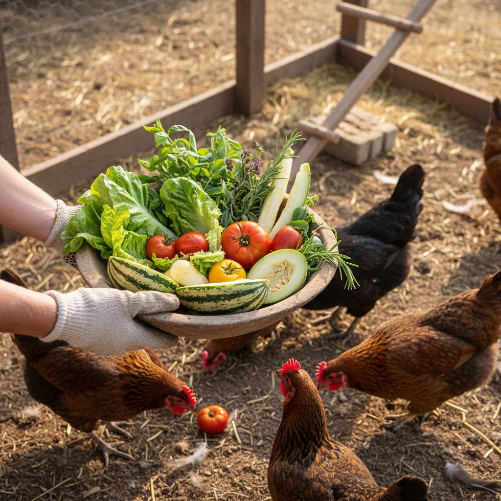 Bowl of garden scraps being brought to chickens