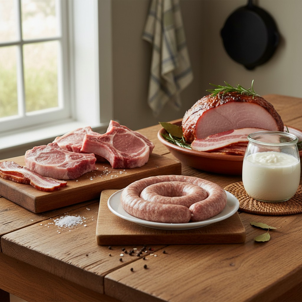 Home-raised pork products on a farmhouse table