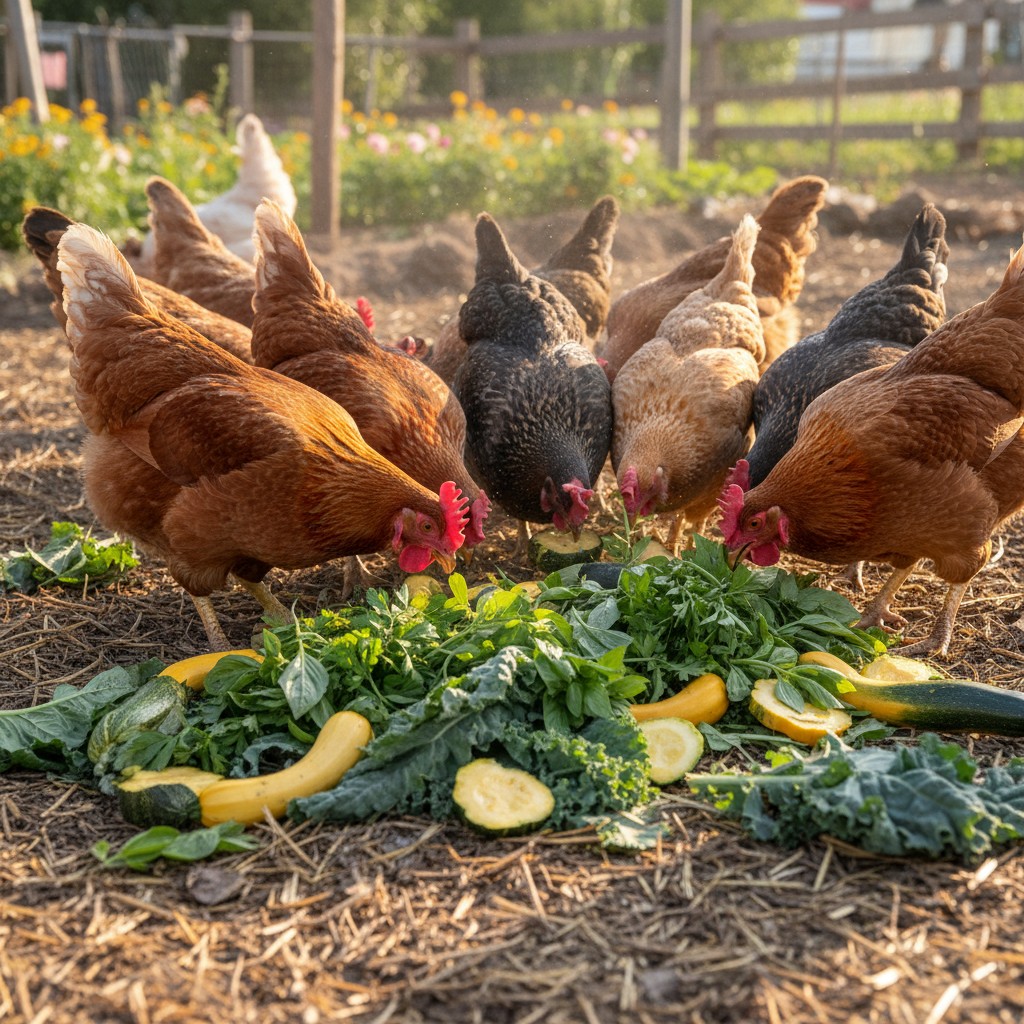 Chickens eagerly eating scattered garden produce