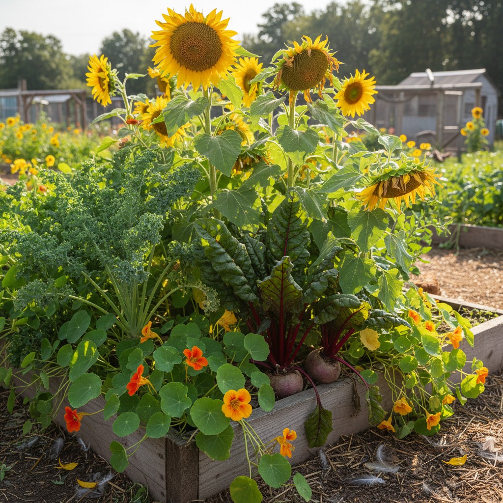 Garden bed with sunflowers, kale, and nasturtiums grown for chickens