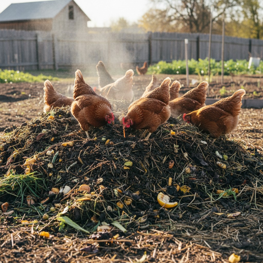 Chickens scratching through compost pile finding insects