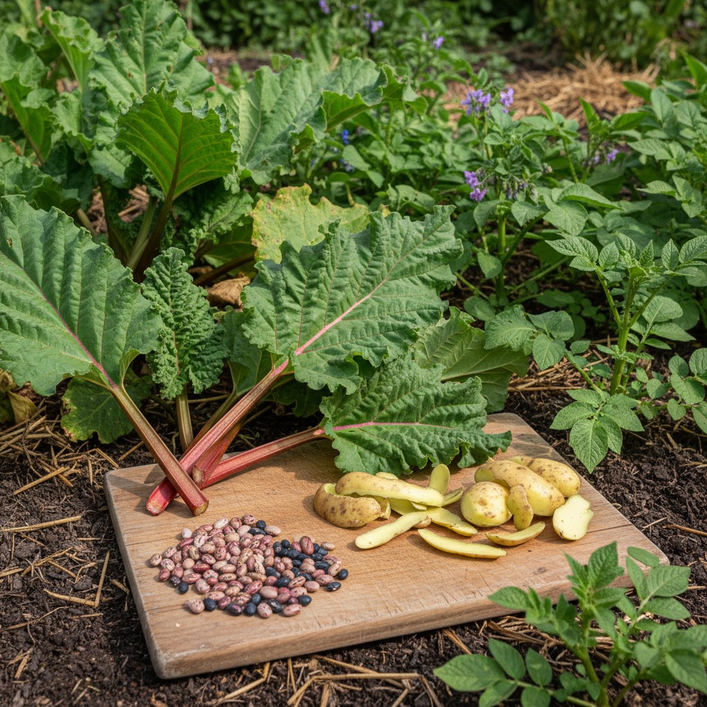 Rhubarb leaves, green potato skins, and dried beans as toxic display