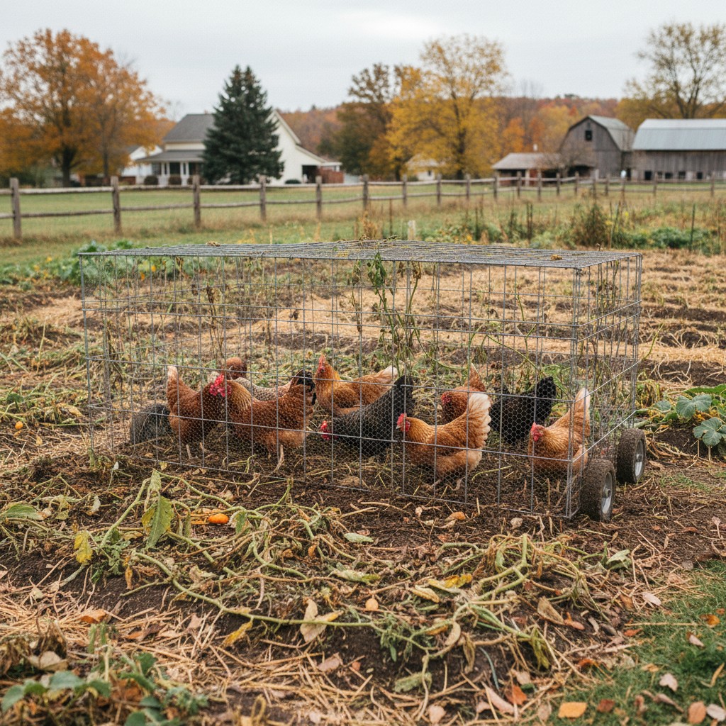 Chicken tractor on a garden bed tilling and fertilizing