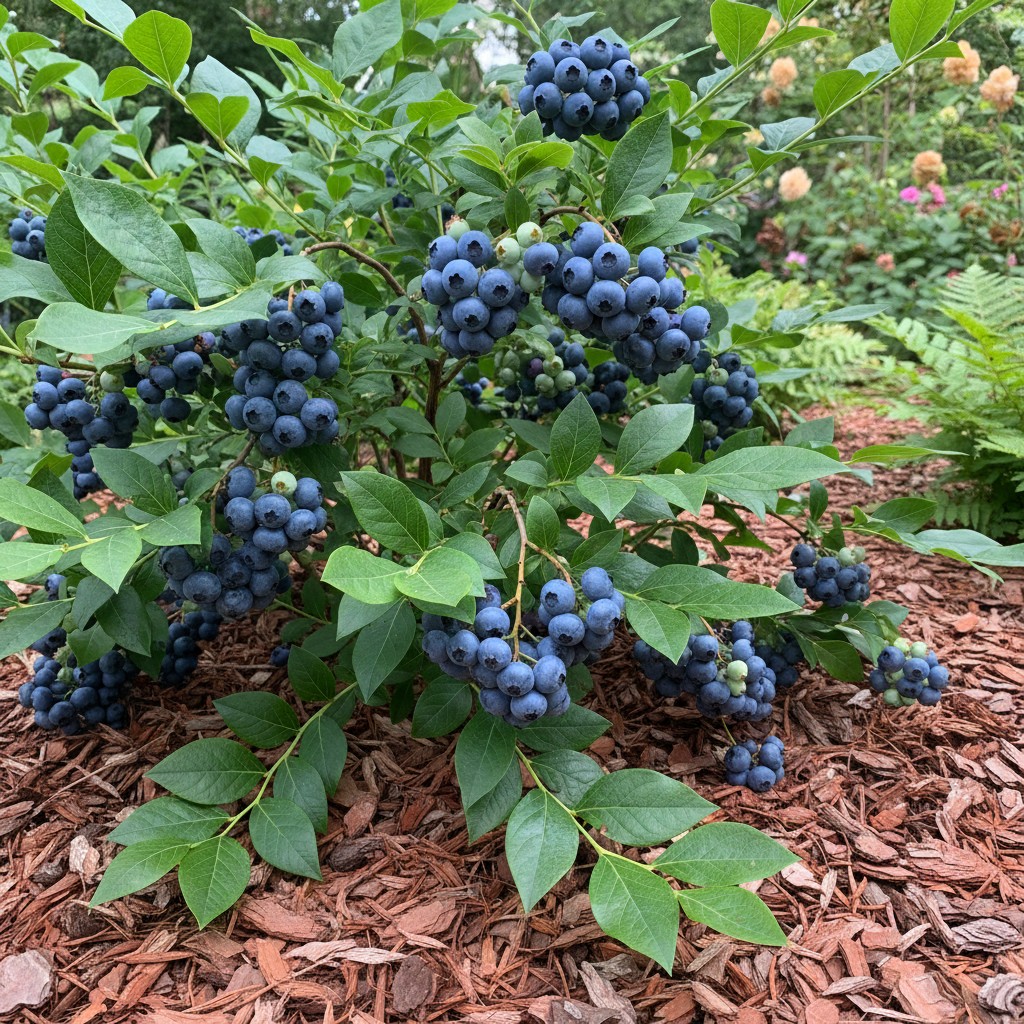 Mature blueberry bush loaded with ripe blue berries